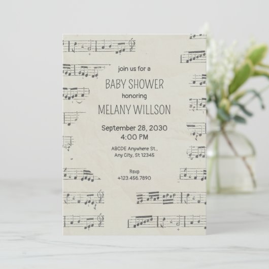 ヴィンテージ紙音符ベビーシャワー 招待状 (スタンド正面)