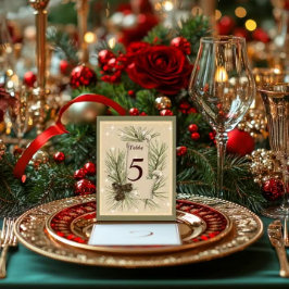 ヴィンテージ紙、松のコーン、クリスマス結婚。 テーブルナンバー