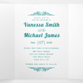 ヴィンテージ素子及びティール（緑がかった色）タイポグラフィ結婚ズ 三つ折り招待状 (内部中)