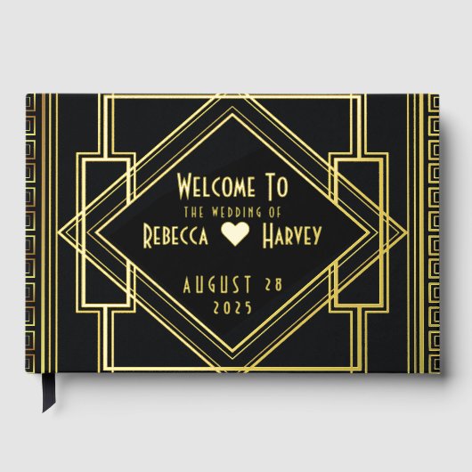 ヴィンテージ素晴らしギャツビーアールデコ結婚ズ・ゴールド・フォイル ゲストブック (正面)