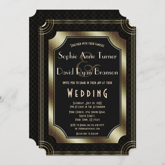 ヴィンテージ素晴らしギャツビー金ゴールドアールデコ20結婚s 招待状 (正面/裏面)