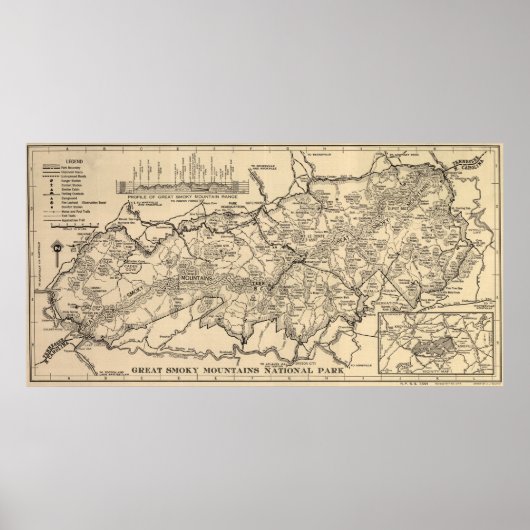 ヴィンテージ素晴らしスモークマウンテンズナショナルパークマップ ポスター (正面)