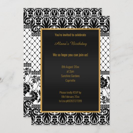 ヴィンテージ素晴らしホワイトブラックレースすべての行事 招待状 (正面/裏面)