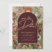 ヴィンテージ素晴らし植物学ブルゴーニュフローラウェディング 招待状 (正面)