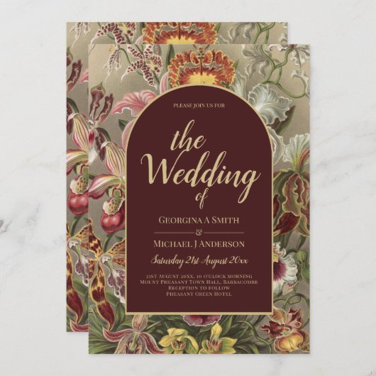 ヴィンテージ素晴らし植物学ブルゴーニュフローラウェディング 招待状 (正面/裏面)