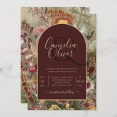 ヴィンテージ素晴らし植物学ブルゴーニュフローラウェディング 招待状 (正面/裏面)