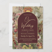 ヴィンテージ素晴らし植物学ブルゴーニュフローラウェディング 招待状 (正面)