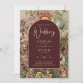 ヴィンテージ素晴らし植物学ブルゴーニュフローラウェディング 招待状 (正面)
