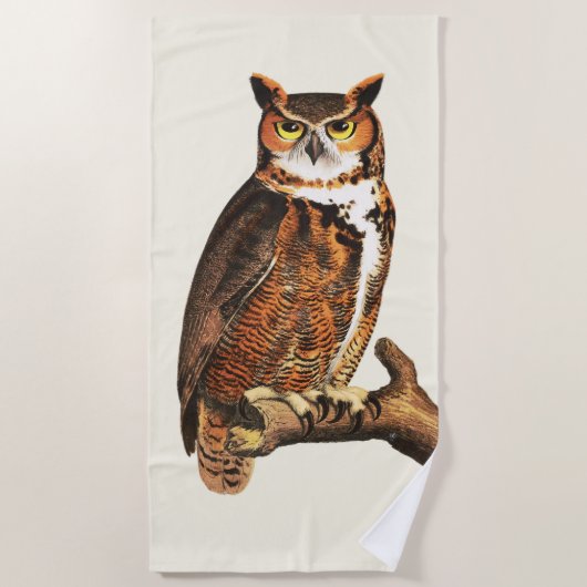 ヴィンテージ素晴らし角フクロウスケッチ ビーチタオル (正面)