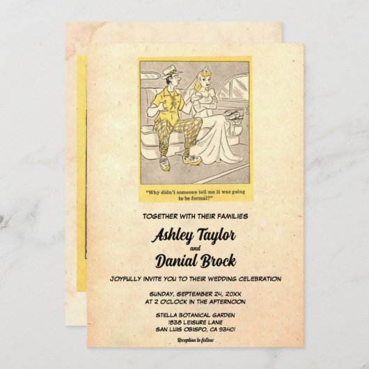 ヴィンテージ素朴おもしろい漫画結婚ズ 招待状 (正面/裏面)