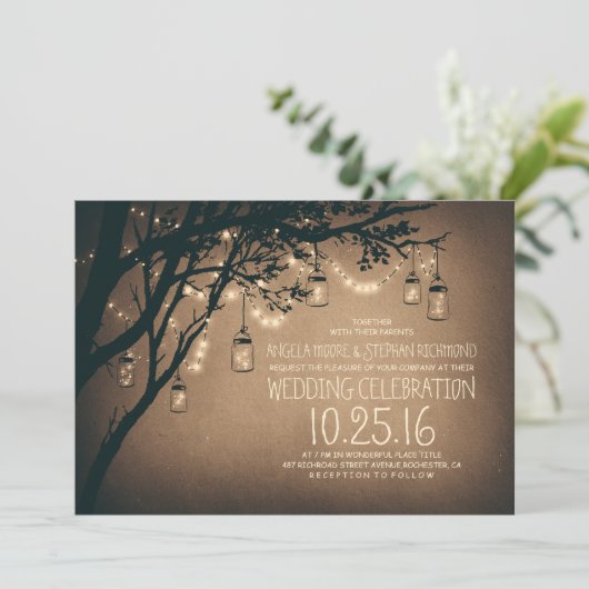ヴィンテージ素朴とメイスンの結婚JARの弦の灯り 招待状 (スタンド正面)