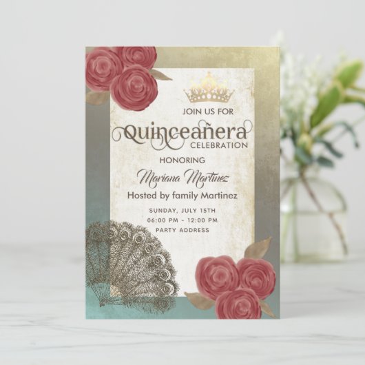 ヴィンテージ素朴なシックなハンドファンバラティアラ・クインズ 招待状 (スタンド正面)