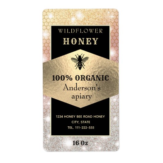 ヴィンテージ素朴なスパークル金ゴールドロゴ蜂はちみつ瓶 ラベル (正面)