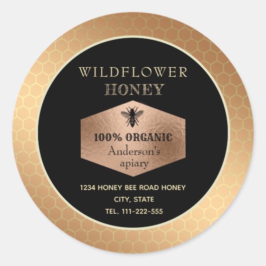 ヴィンテージ素朴なバラ金ゴールドミツバチ蜂蜜の瓶ラベル ラウンドシール (正面)