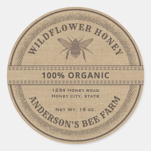 ヴィンテージ素朴なビーリネンの蜂蜜の瓶ラベル ラウンドシール (正面)