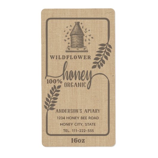 ヴィンテージ素朴なリネンの蜂の巣蜂蜜の枝の瓶 ラベル (正面)