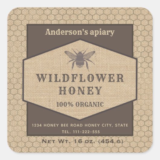 ヴィンテージ素朴なリネンミツバチ蜂蜜瓶ラベル スクエアシール (正面)