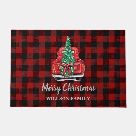 ヴィンテージ素朴なレトロタータンチェックレッドクリスマストラック ドアマット (正面)
