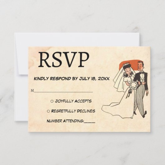 ヴィンテージ素朴なレトロ旧スタイル漫画本結婚の 出欠カード (正面)