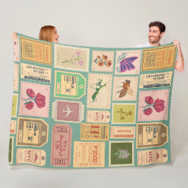 ヴィンテージ素朴な古切手とシーナチケット フリースブランケット