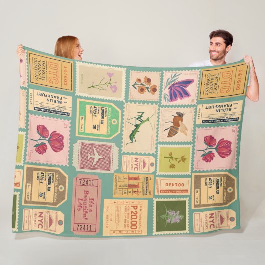 ヴィンテージ素朴な古切手とシーナチケット フリースブランケット (インサイチュ)