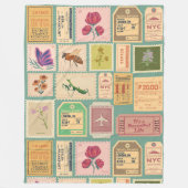 ヴィンテージ素朴な古切手とシーナチケット フリースブランケット (正面)