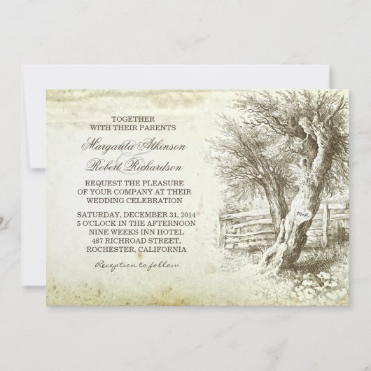 ヴィンテージ素朴な木の古い紙結婚式招待状 招待状 (正面)