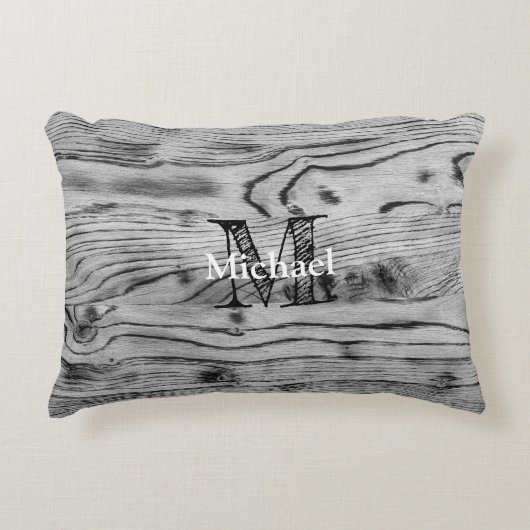 ヴィンテージ素朴な灰色の黒焦げ木材モノグラム アクセントクッション (正面)