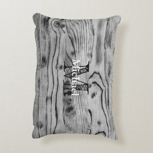 ヴィンテージ素朴な灰色の黒焦げ木材モノグラム アクセントクッション (裏面(縦))