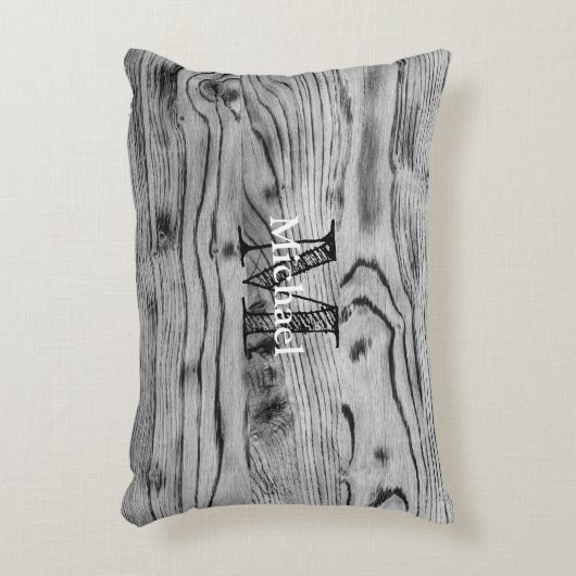 ヴィンテージ素朴な灰色の黒焦げ木材モノグラム アクセントクッション (正面(垂直))