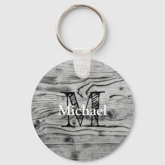 ヴィンテージ素朴な灰色の黒焦げ木材モノグラム キーホルダー (正面)