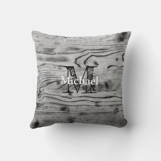 ヴィンテージ素朴な灰色の黒焦げ木材モノグラム クッション (裏面)