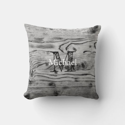 ヴィンテージ素朴な灰色の黒焦げ木材モノグラム クッション (正面)