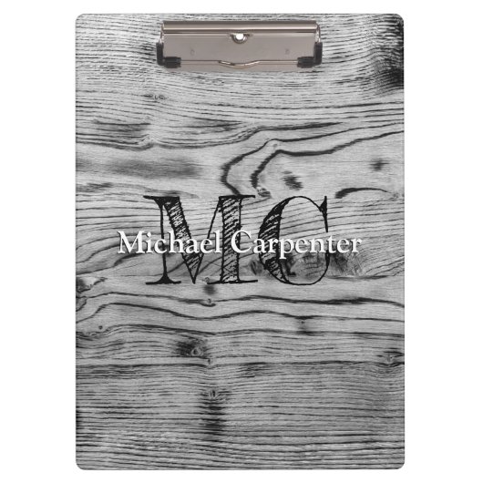 ヴィンテージ素朴な灰色の黒焦げ木材モノグラム クリップボード (正面)