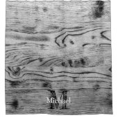 ヴィンテージ素朴な灰色の黒焦げ木材モノグラム シャワーカーテン (正面)