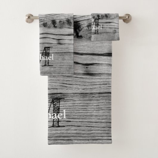 ヴィンテージ素朴な灰色の黒焦げ木材モノグラム バスタオルセット (インサイチュ)