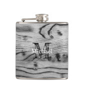 ヴィンテージ素朴な灰色の黒焦げ木材モノグラム フラスク (正面)