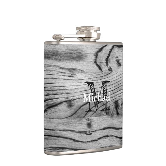 ヴィンテージ素朴な灰色の黒焦げ木材モノグラム フラスク (右)