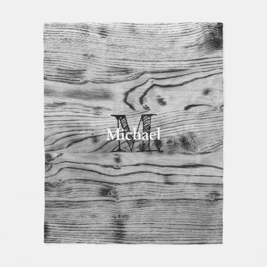 ヴィンテージ素朴な灰色の黒焦げ木材モノグラム フリースブランケット (正面)