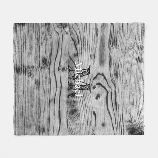 ヴィンテージ素朴な灰色の黒焦げ木材モノグラム フリースブランケット (正面(横))