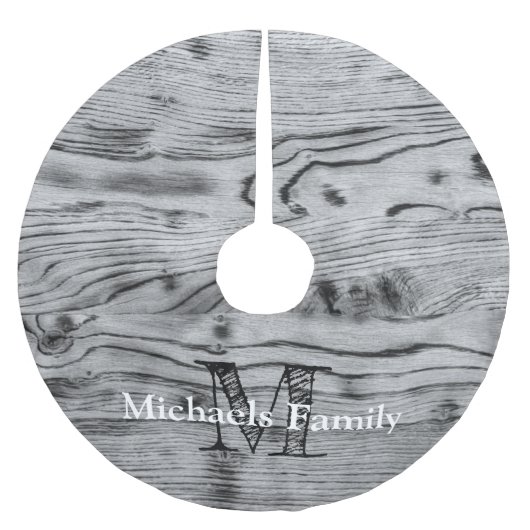 ヴィンテージ素朴な灰色の黒焦げ木材モノグラム ブラッシュドポリエステルツリースカート (正面)