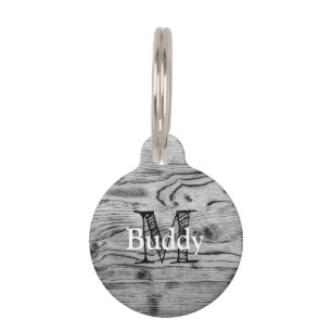 ヴィンテージ素朴な灰色の黒焦げ木材モノグラム ペット　ネームタグ