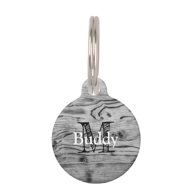 ヴィンテージ素朴な灰色の黒焦げ木材モノグラム ペット　ネームタグ (正面)