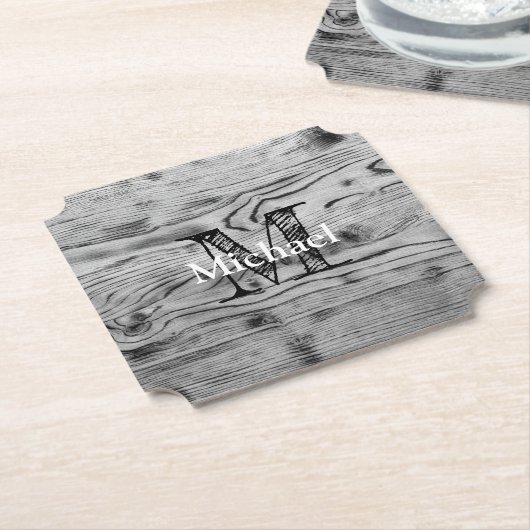 ヴィンテージ素朴な灰色の黒焦げ木材モノグラム ペーパーコースター (アングル)