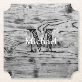 ヴィンテージ素朴な灰色の黒焦げ木材モノグラム ペーパーコースター (正面)