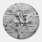 ヴィンテージ素朴な灰色の黒焦げ木材モノグラム マグネット (正面)