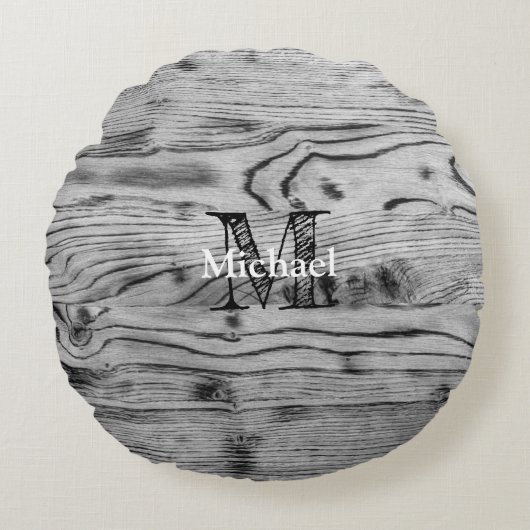 ヴィンテージ素朴な灰色の黒焦げ木材モノグラム ラウンドクッション (正面)