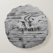 ヴィンテージ素朴な灰色の黒焦げ木材モノグラム ラウンドクッション (裏面)