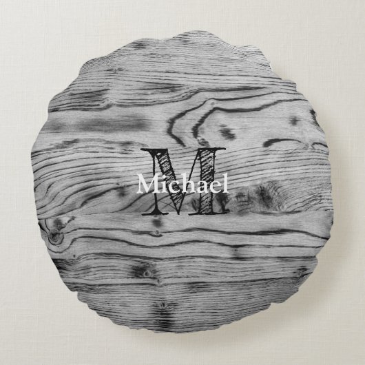ヴィンテージ素朴な灰色の黒焦げ木材モノグラム ラウンドクッション (裏面)