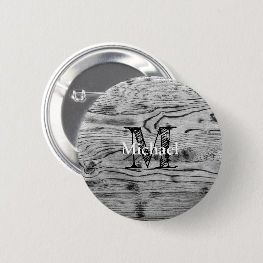 ヴィンテージ素朴な灰色の黒焦げ木材モノグラム 缶バッジ (正面&裏面)